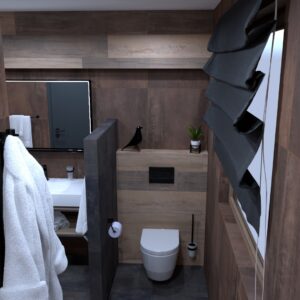 3D vizualizace tmavě hnědá koupelny